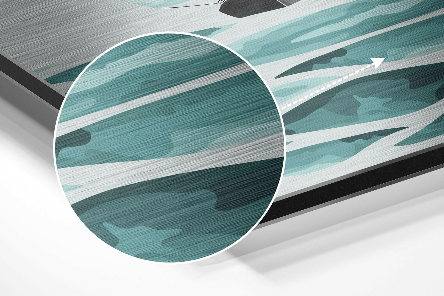 Close-up angled view of brushed aluminum wall art featuring turquoise, white, and gray horizontal brushstroke layers with circular magnified detail.
