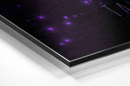 Angled perspective view of brushed aluminium wall art with dark textured surface and scattered purple glowing lights, silver edge trim visible.
