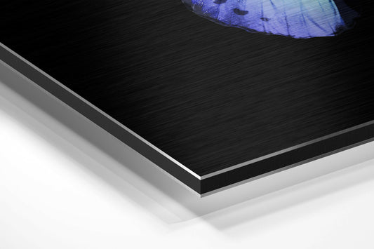 Close-up angle showing layered edge detail of black brushed aluminum dibond panel with white backing visible beneath.