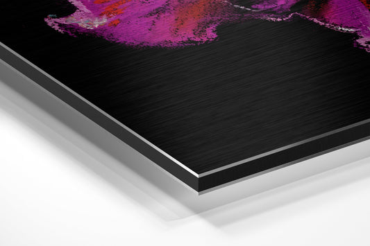 Angled perspective view of brushed black aluminium dibond panel with magenta and orange peony artwork visible at top edge.