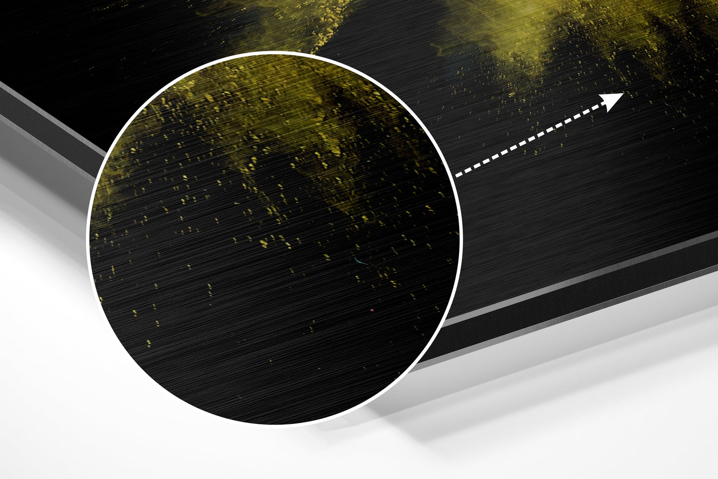 Yellow Pink Powder Burst on Black Brushed Aluminium Dibond Wall Art