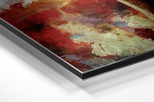 Angled product shot showing layered aluminum dibond construction with red, gold, and cream painted abstract brushstrokes on front surface.