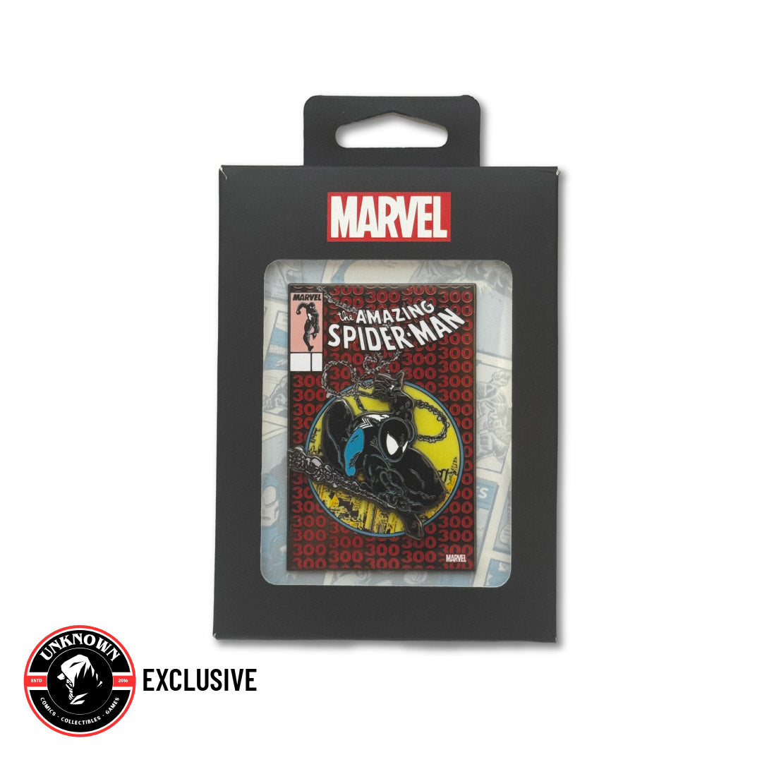 Front of a black box with a window showing an enamel pin of Amazing Spider-Man 300 cover, beneath a red Marvel logo.
