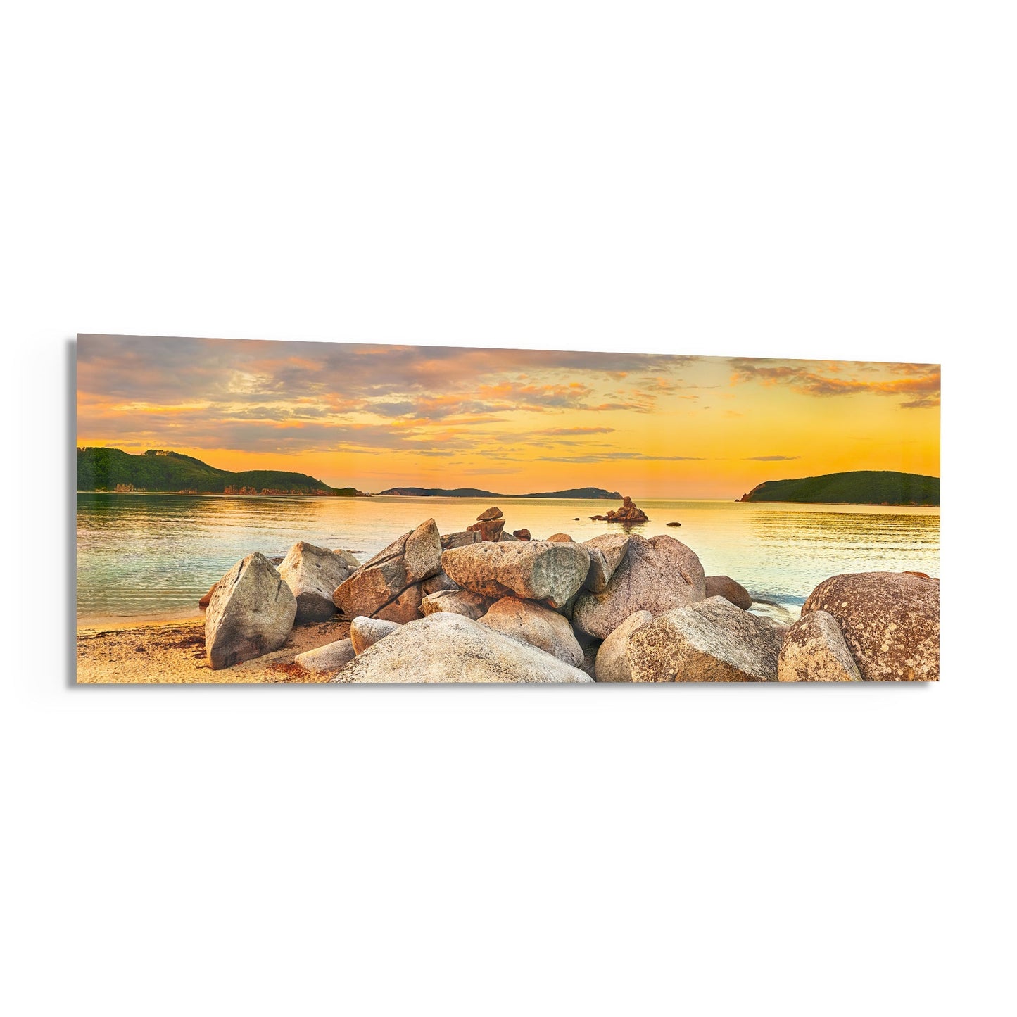 Boulder Pile Golden Sunset Bay Glass Wall Art