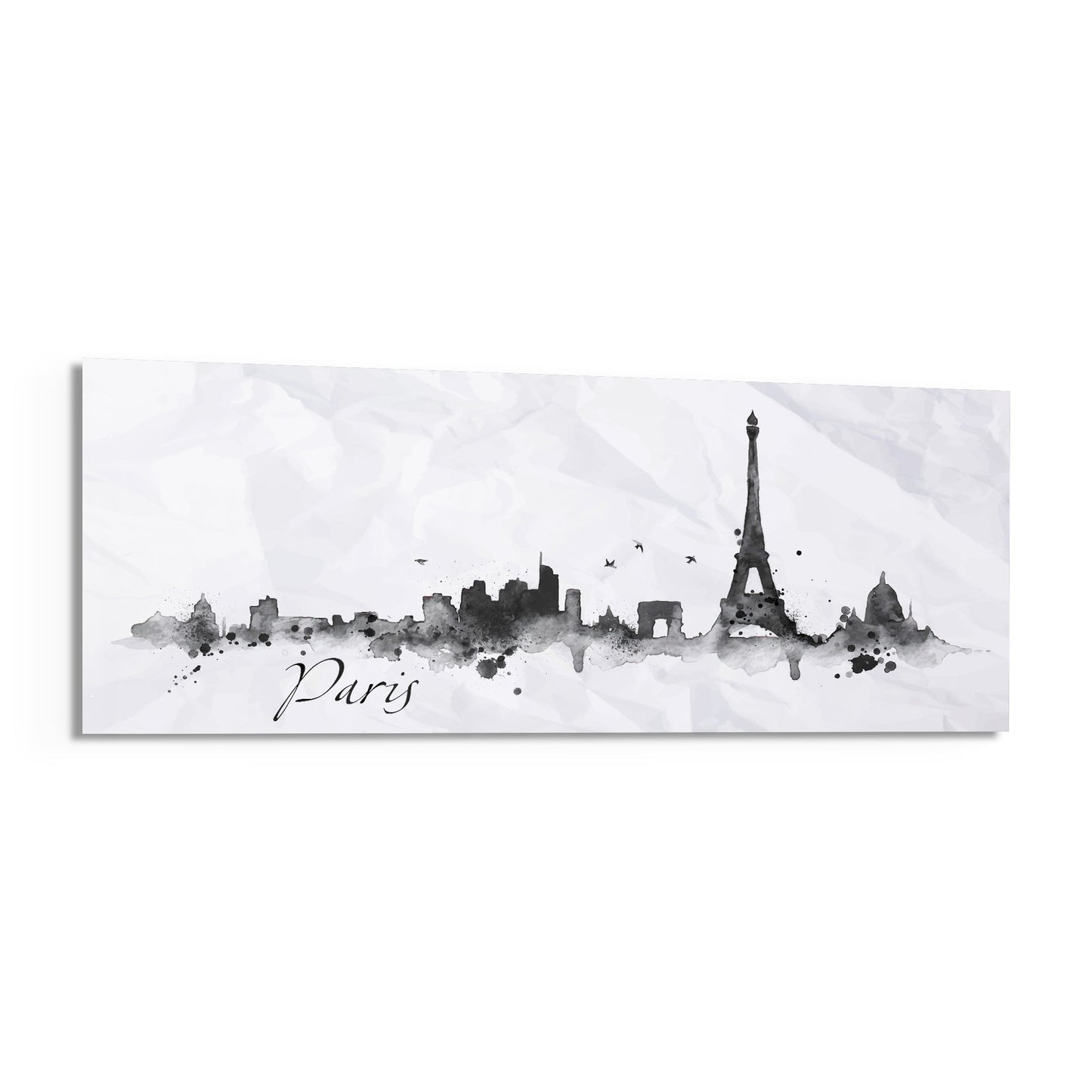 Horizontal glass wall art featuring a monochromatic watercolor Paris skyline with Eiffel Tower and "Paris" script on white background.