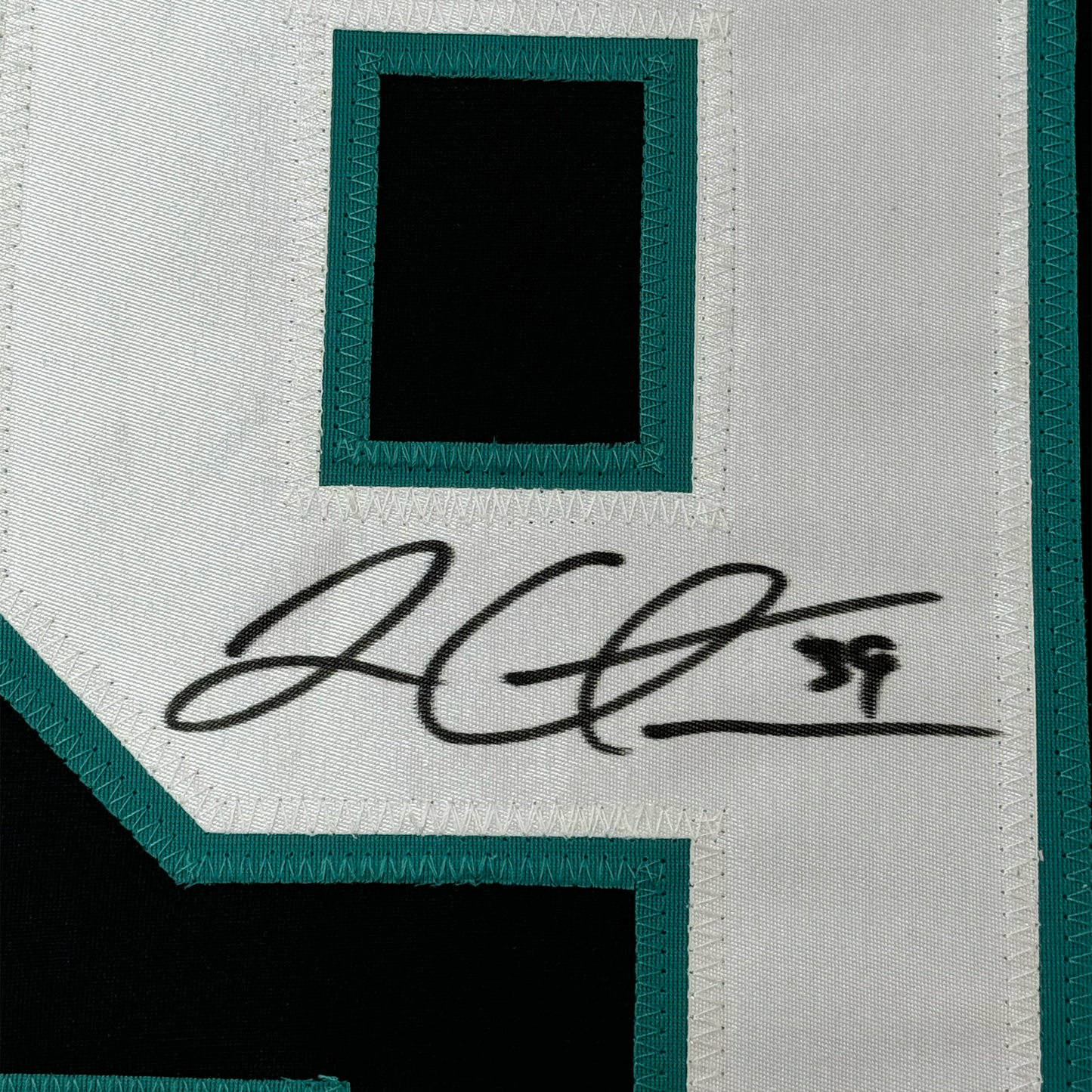 Close-up of black handwritten signature on white fabric with teal border matting and frame edge visible.