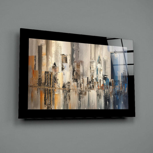 Modern abstract cityscape painting on glass mounted on black frame, displayed on gray wall at angle, showing cream, orange, and blue palette knife strokes depicting urban skyline with reflective surface.