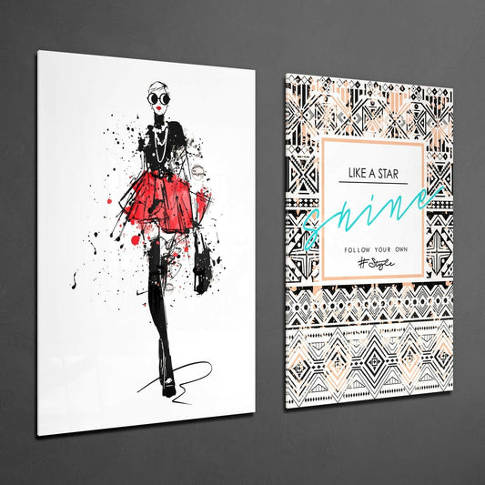 Two glass wall panels displayed at an angle: left panel shows a fashion illustration in black ink with red skirt splashes; right panel features geometric patterns with "LIKE A STAR SHINE" text and "FOLLOW YOUR OWN #STYLE" motto.