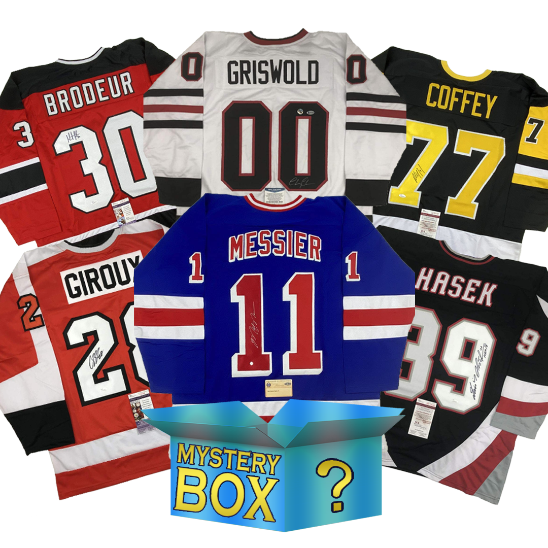 Six autographed hockey jerseys in red, white, blue, and black arranged around a turquoise mystery box, featuring names Brodeur, Griswold, Coffey, Messier, Hasek, and Giroux.