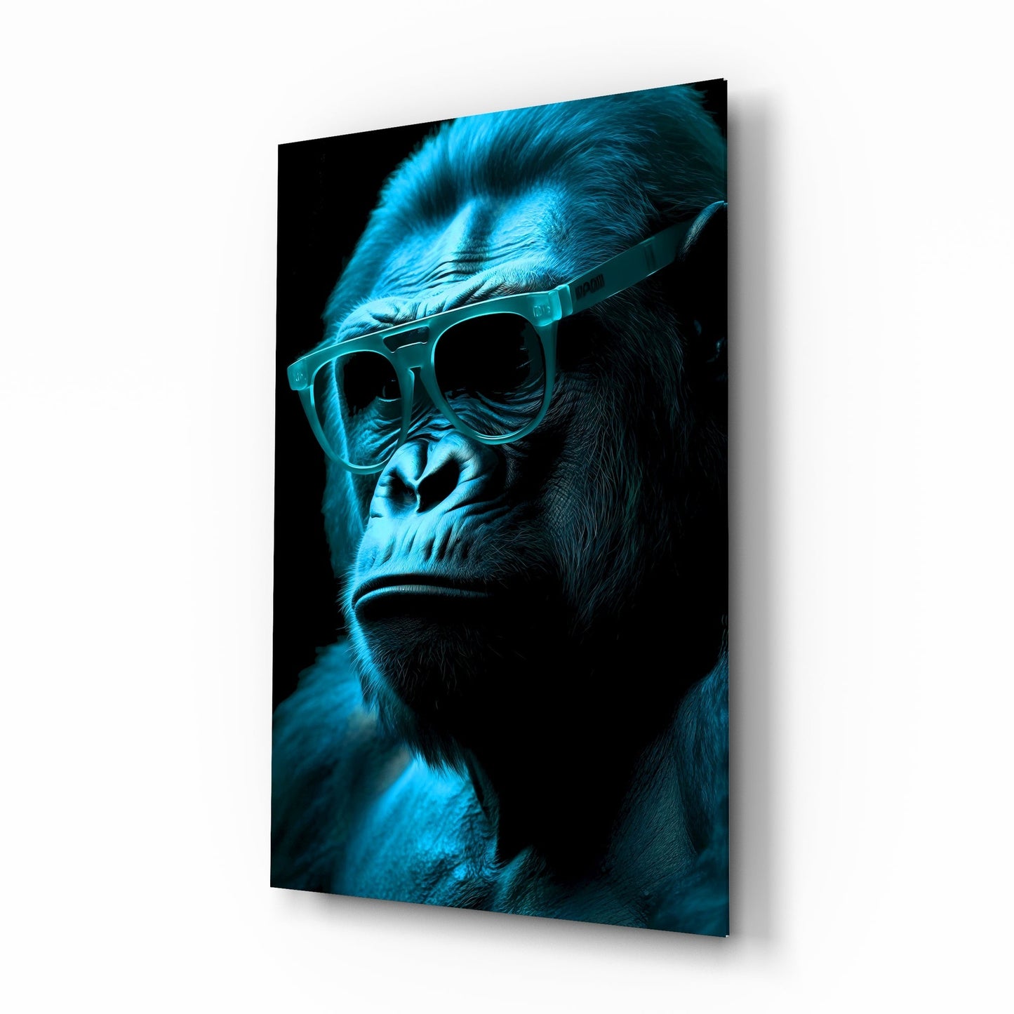 Cool-toned glass wall art featuring a contemplative ape wearing oversized blue-framed sunglasses against a black background.
