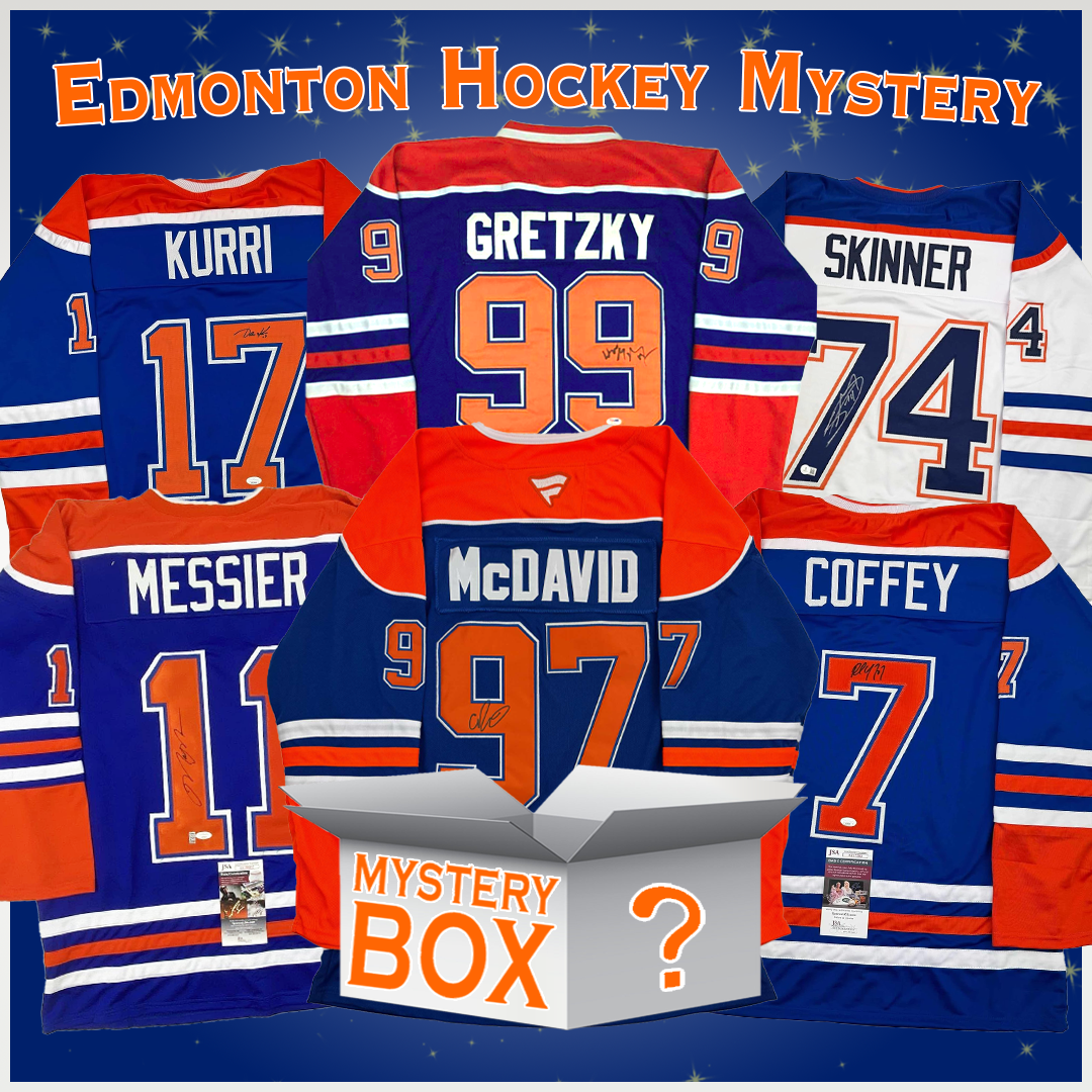 Six Edmonton Oilers jerseys displayed on blue background with mystery box in center, featuring Gretzky, Kurri, Skinner, Messier, McDavid, and Coffey nameplates.