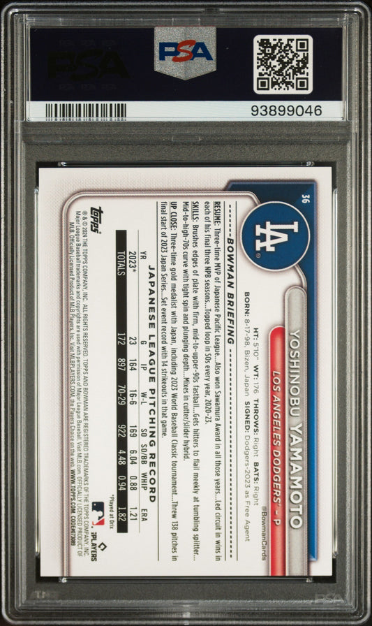 Back of a graded PSA 10 baseball card in clear plastic case showing Yoshinobu Yamamoto rookie card details and statistics.