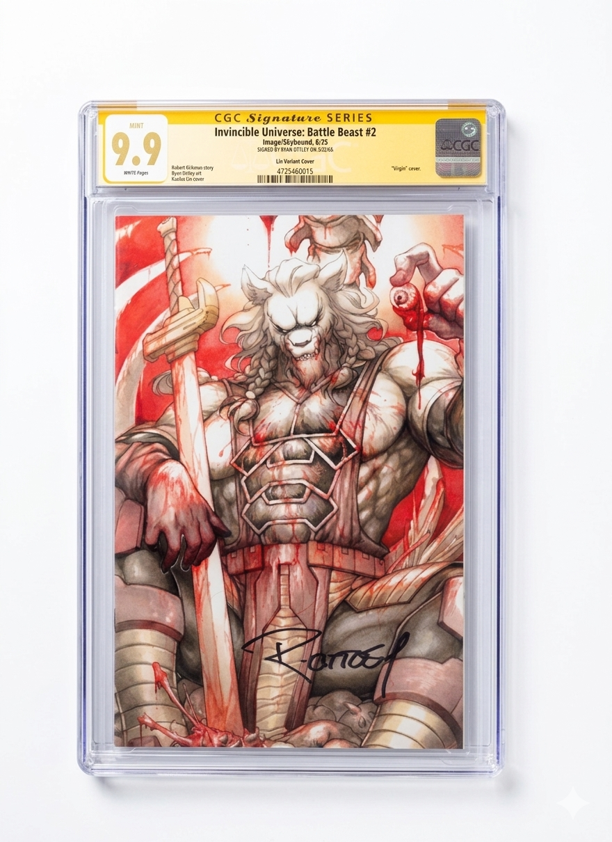Front view of a CGC 9.9 slab with a yellow label; the cover shows a white-maned beast warrior with a bloody sword on red.