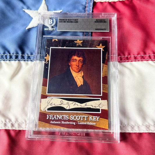 Beckett-certified custom trading card featuring Francis Scott Key portrait with handwritten signature strip, displayed against American flag background.