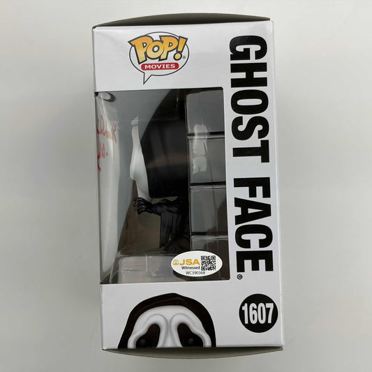 Front of boxed Ghostface Funko Pop #1607 with white packaging, black text, and JSA authentication sticker visible.