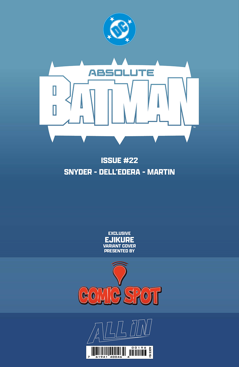 Blue comic book cover featuring DC's Absolute Batman logo in white with issue #22 details and Comic Spot branding.