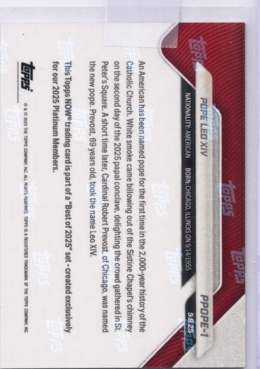 Reverse side of 2025 Topps Now trading card showing printed text and red/white packaging design with Topps branding.