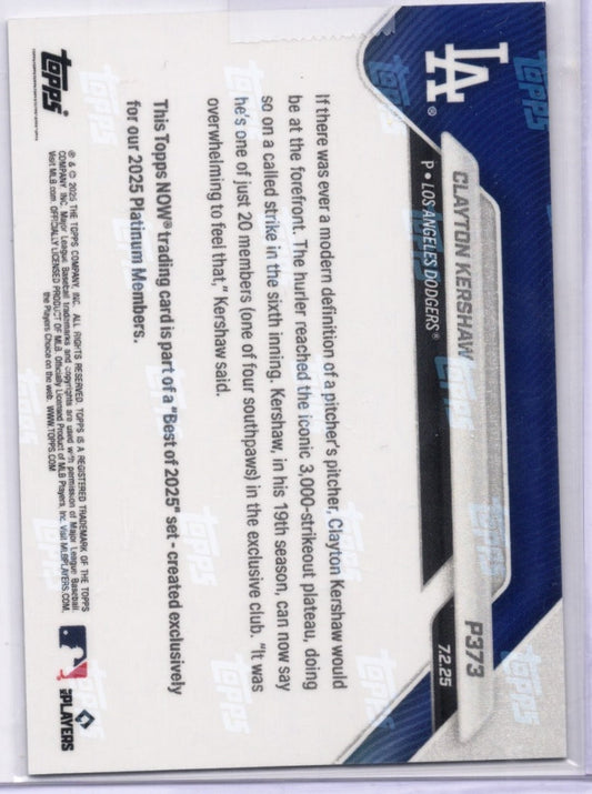 Reverse side of 2025 Topps Now Clayton Kershaw baseball card showing blue and white design with printed text and card number P373.