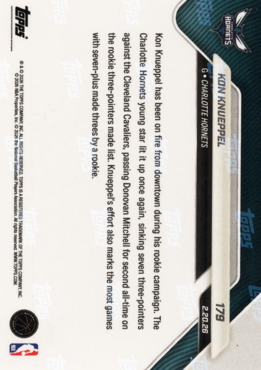Reverse side of basketball card showing player biography text, Topps logo, and card number 179 with orange foil /25 designation against white background.