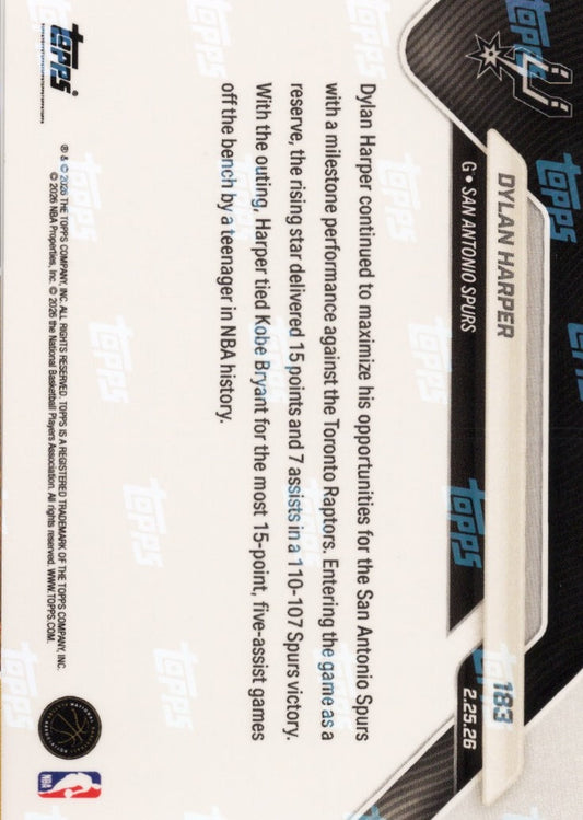 Reverse side of Dylan Harper rookie card showing gold foil /50 serial number and biographical text on cream background.