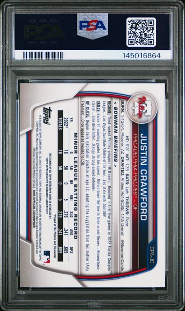 Reverse side of graded baseball card showing white background with printed statistics, text, and red-blue striped border design in PSA holder.
