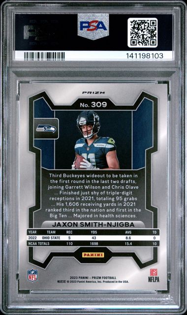 PSA-graded 2023 Panini Prizm Jaxon Smith-Njigba rookie card front showing player in Seahawks uniform with dark blue background and card details.