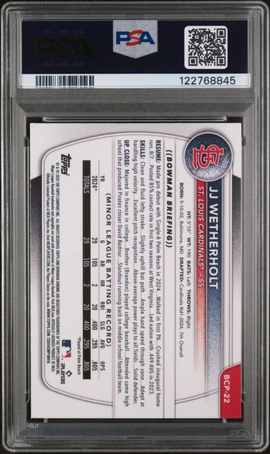 Reverse side of graded baseball card showing printed statistics and player information in black text on white background with PSA certification label at top.