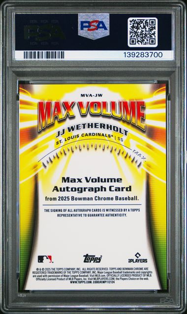 Back of graded baseball card in PSA holder showing yellow Max Volume autograph card design with player name and 2025 Bowman Chrome branding.