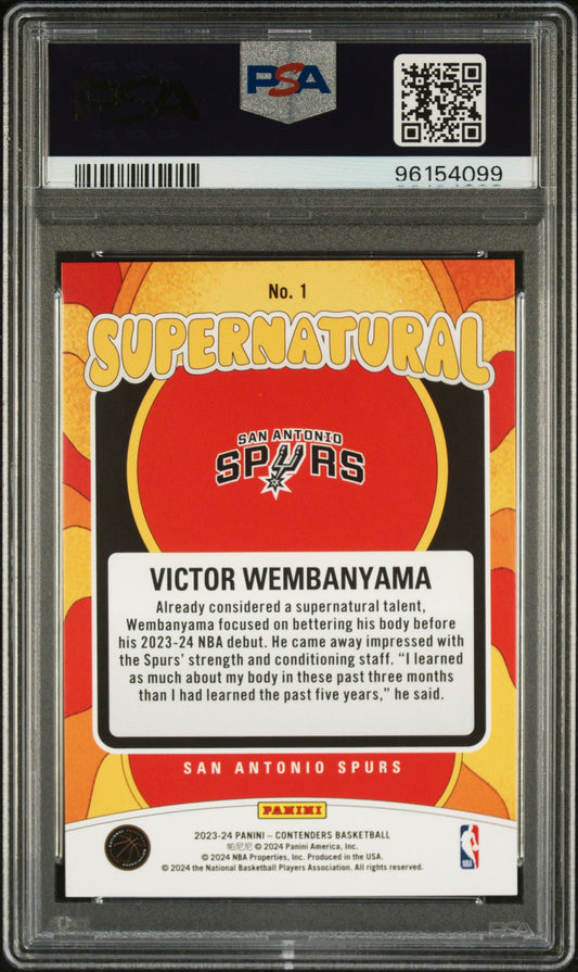 Reverse of a PSA-graded card in a clear slab, showing red and yellow artwork, the "SUPERNATURAL" title, and bio text.