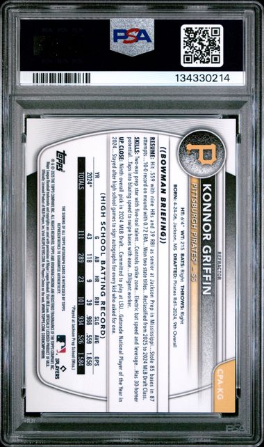 Reverse side of graded baseball card showing printed statistics, player information, and gold refractor pattern against white background in PSA holder.