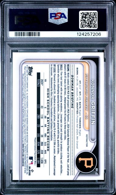Reverse side of graded baseball card showing text and statistics in black print on white background with Pittsburgh Pirates logo.