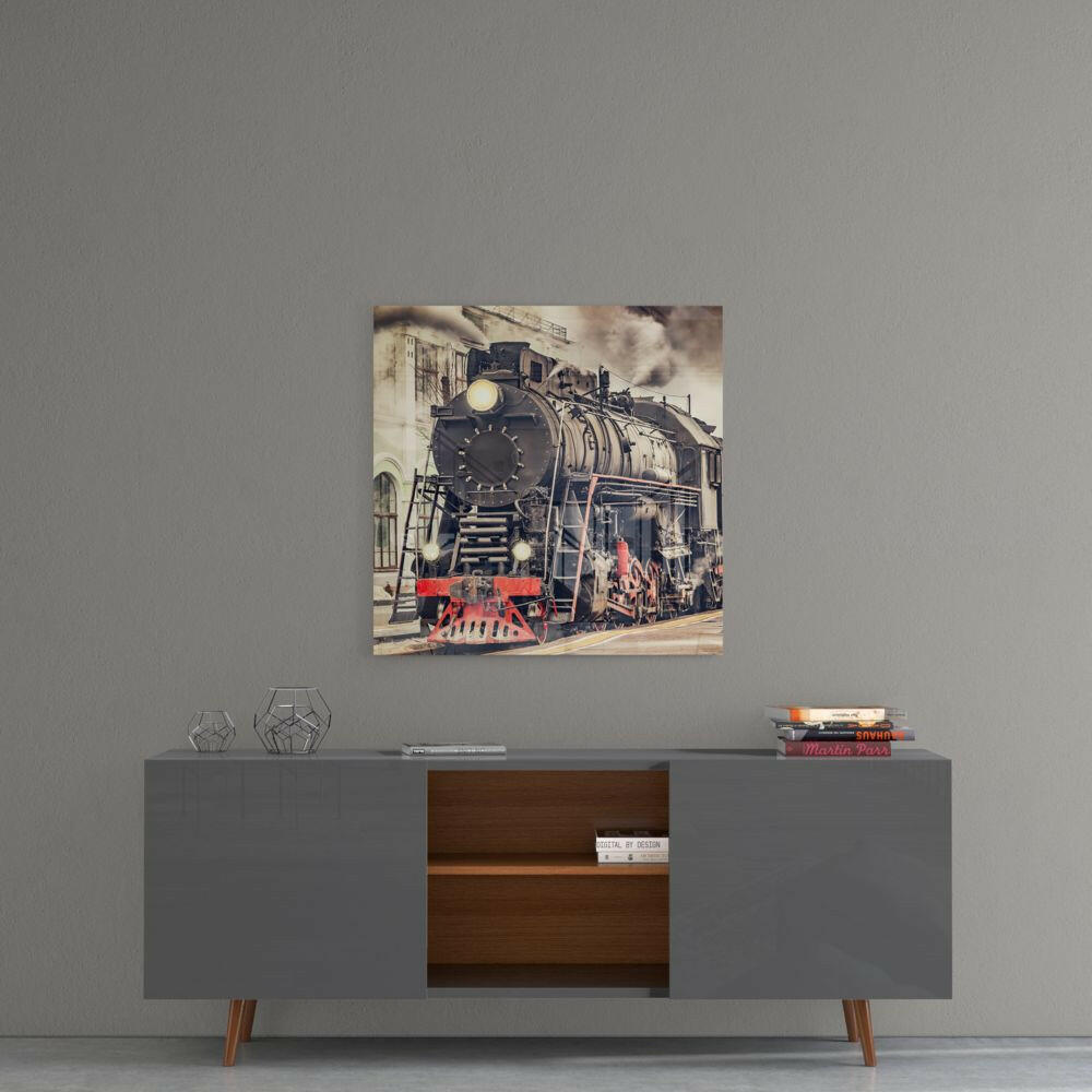 Vintage Black Steam Locomotive Front Glass Wall Art