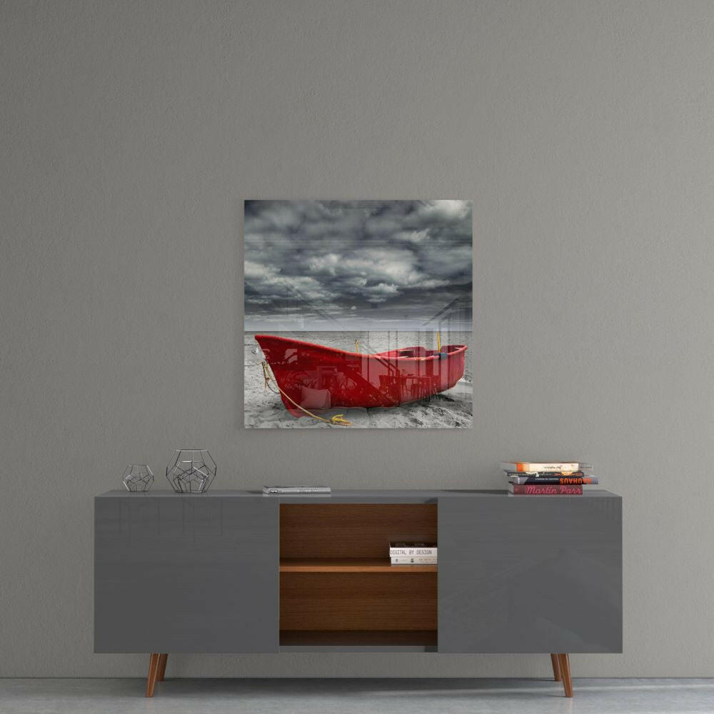 Crimson Fishing Boat Cloudy Shore Glass Wall Art