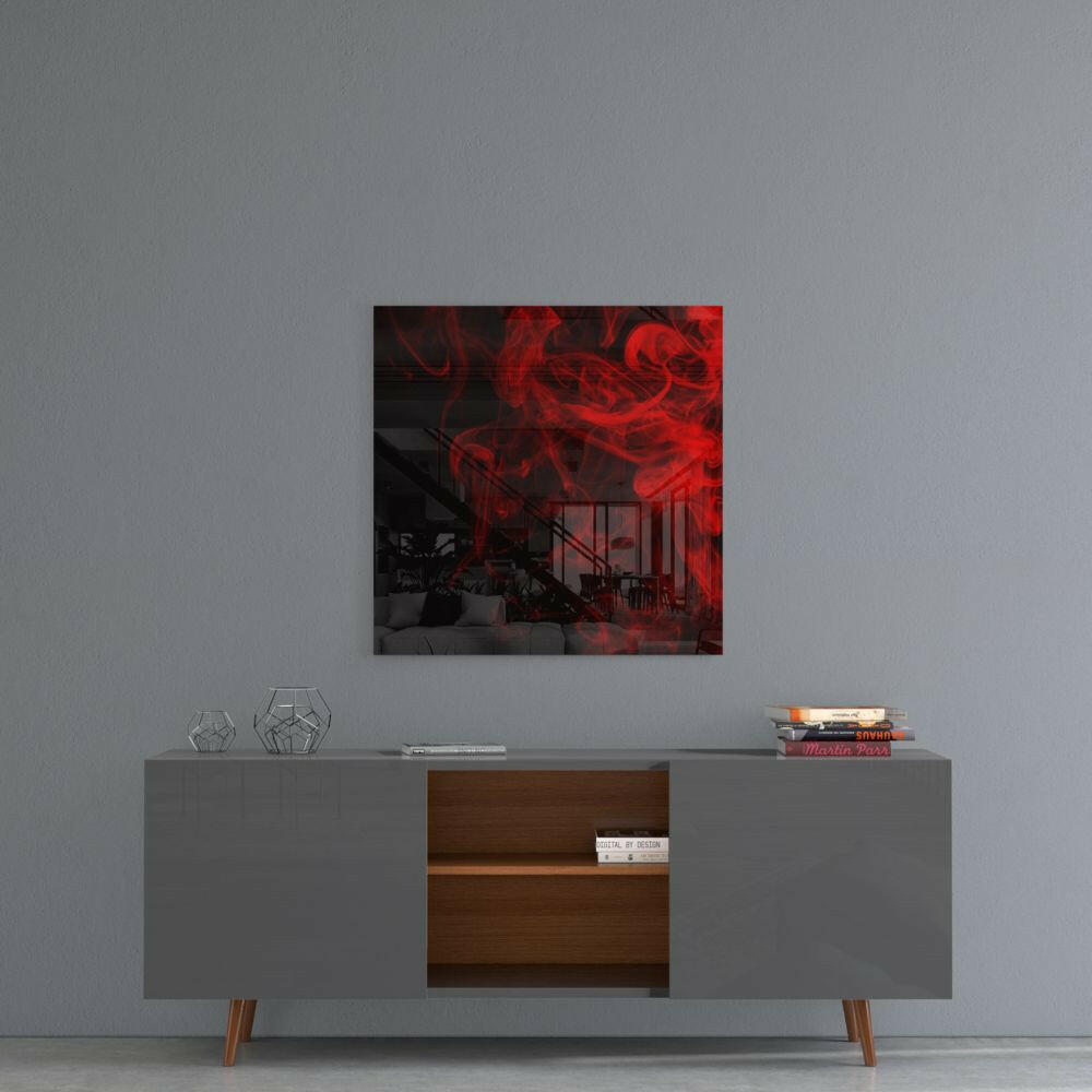 Crimson Smoke Swirl On Black Glass Wall Art