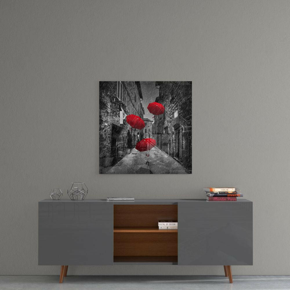 Three Floating Red Umbrellas Rainy Alley Glass Wall Art