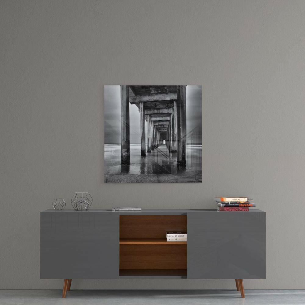Black White Under Pier Arches Glass Wall Art