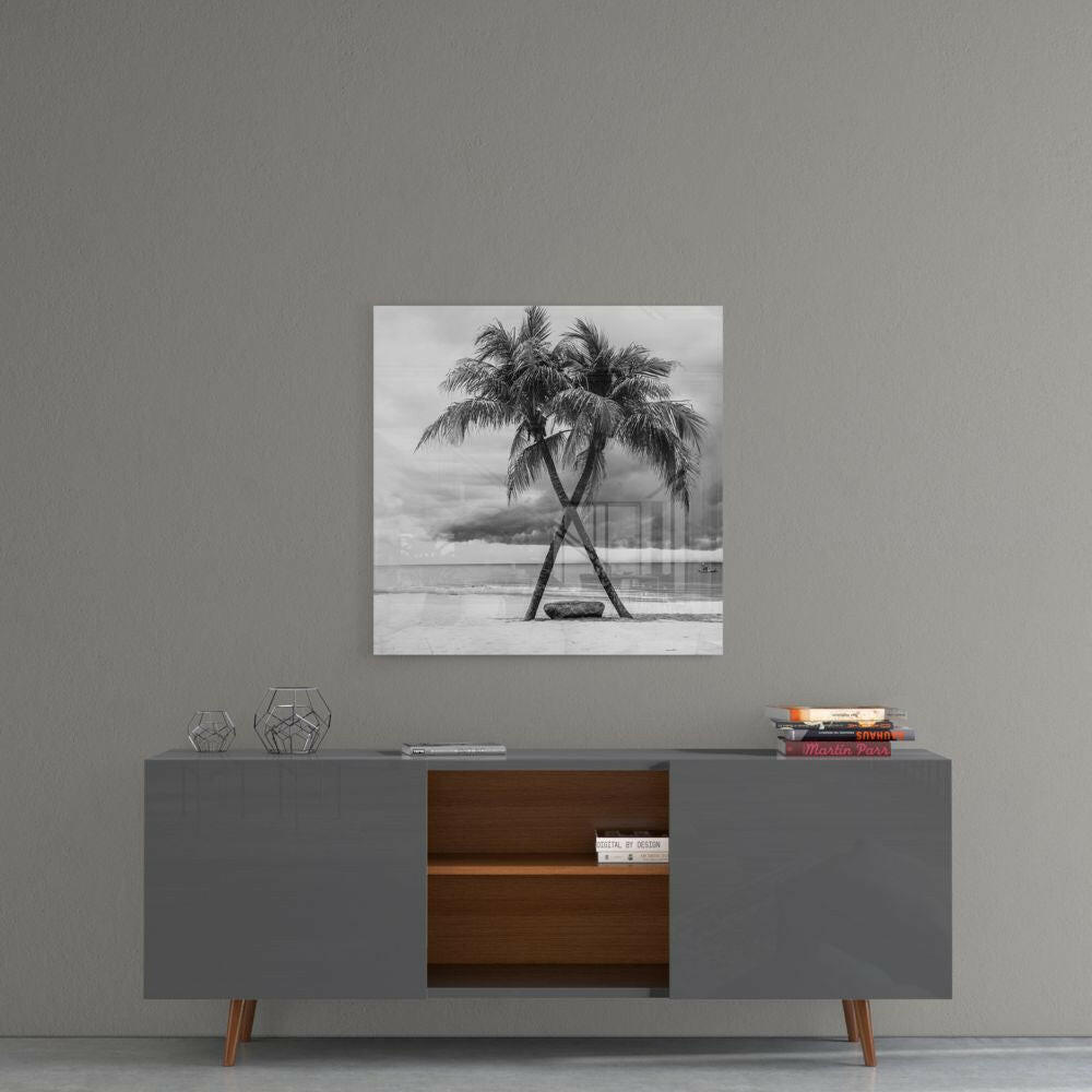Crossed Trunks Monochrome Palm Trees Glass Wall Art
