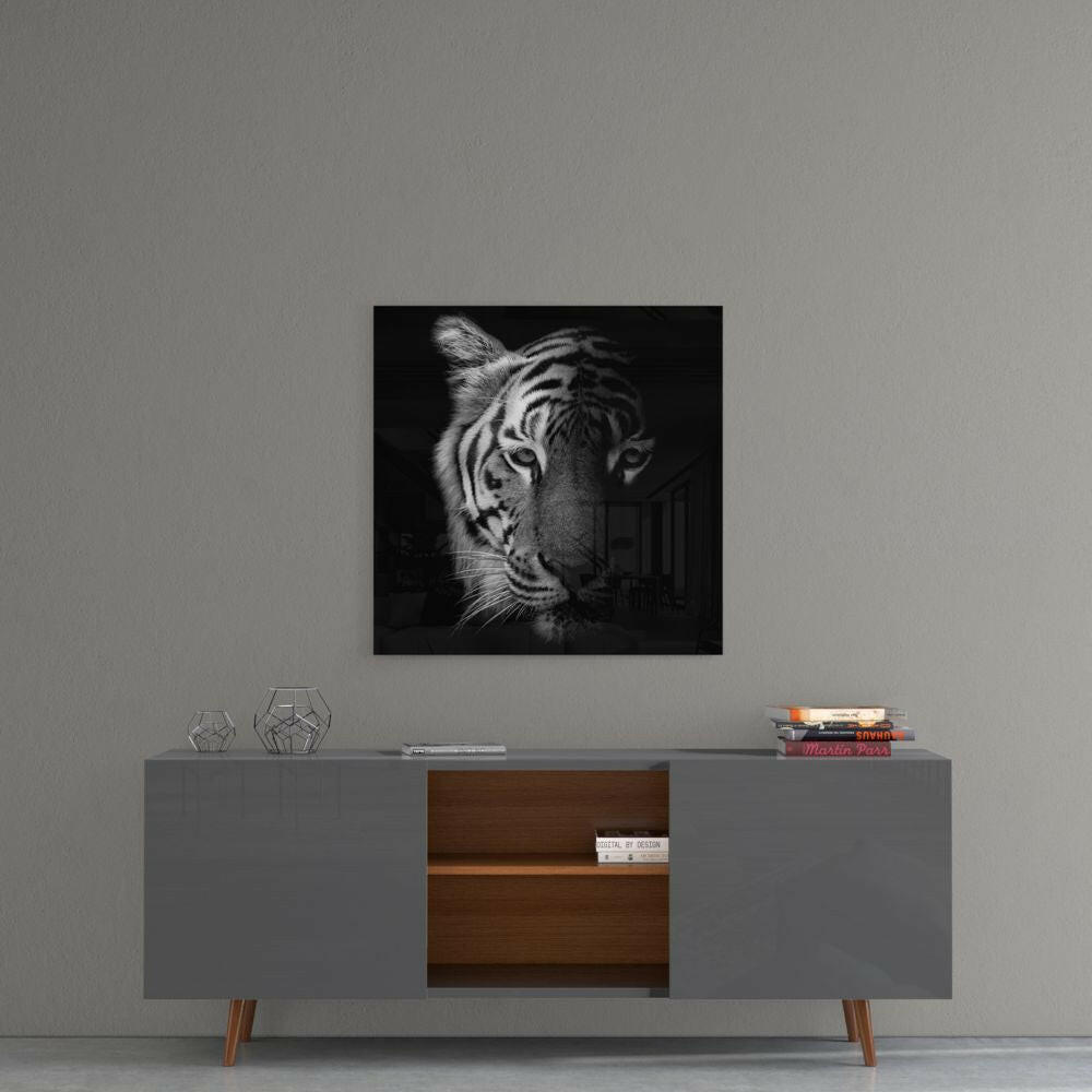 Shadowed Monochrome Tiger Glass Wall Art