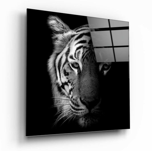 Black and white tiger profile portrait on glass panel with grid overlay, displayed at an angle against white background.