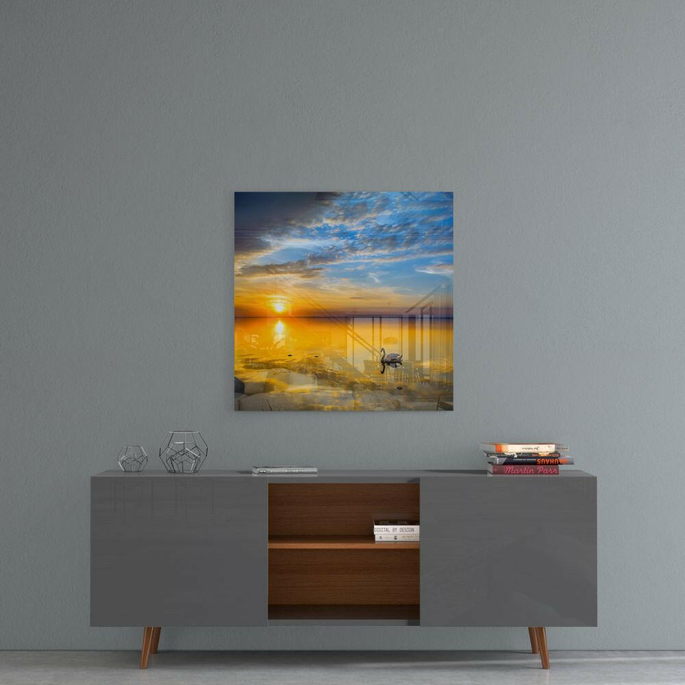 Serene Golden Ocean Sunset Glass Wall Art