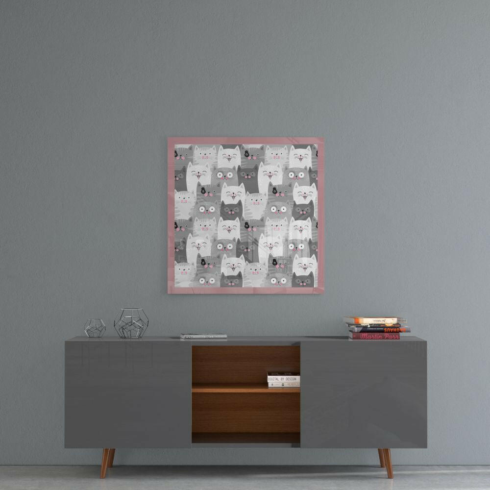 Gray Doodle Faces Pink Border Cats Glass Wall Art