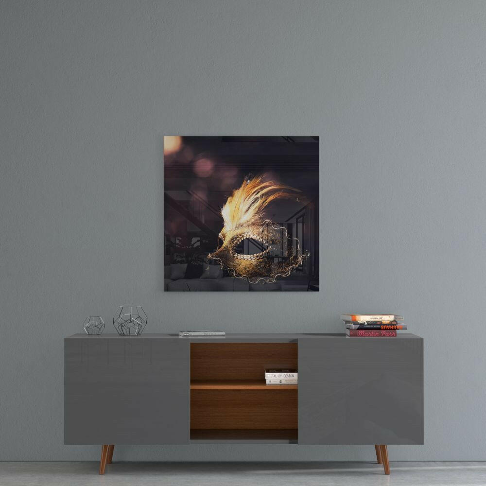 Gold Plumed Masquerade Mask Bokeh Glass Wall Art