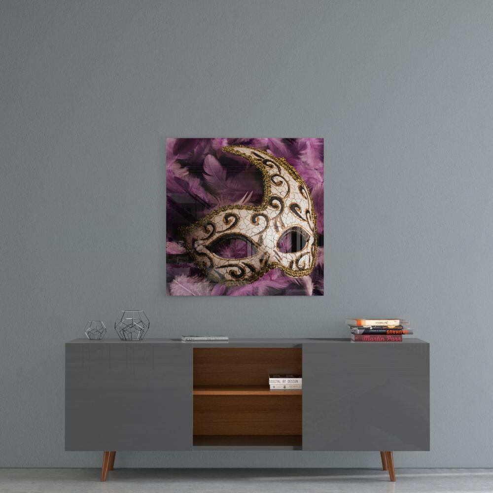 Ivory Swirl Mask on Purple Feathers Glass Wall Art