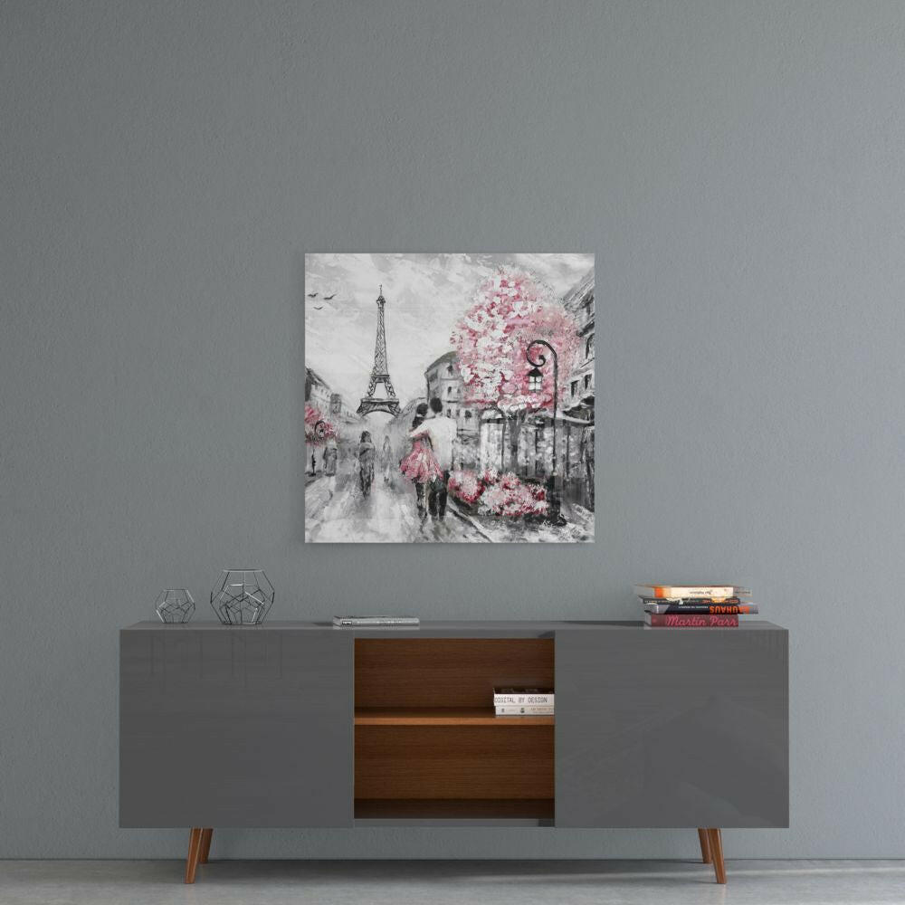 Pink Blossom Tree Paris Couple Glass Wall Art