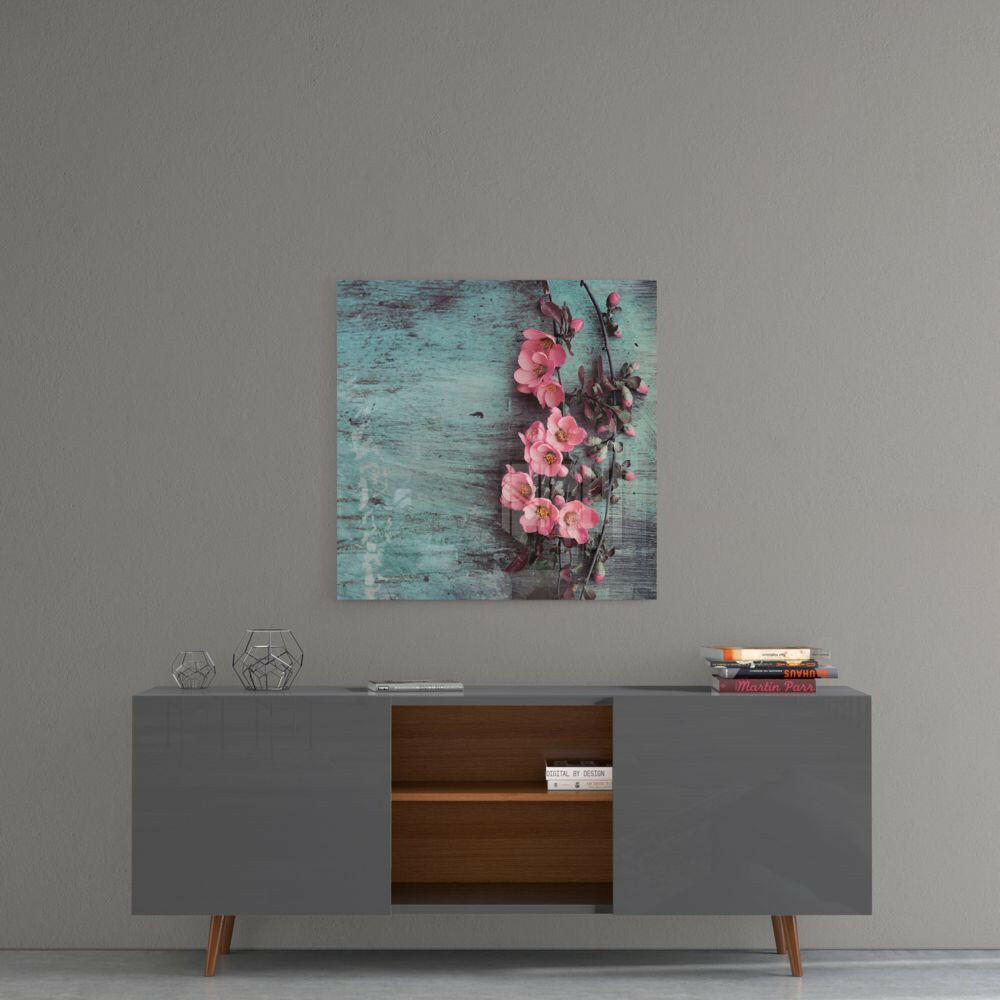 Pink Blossom Teal Wood Glass Wall Art