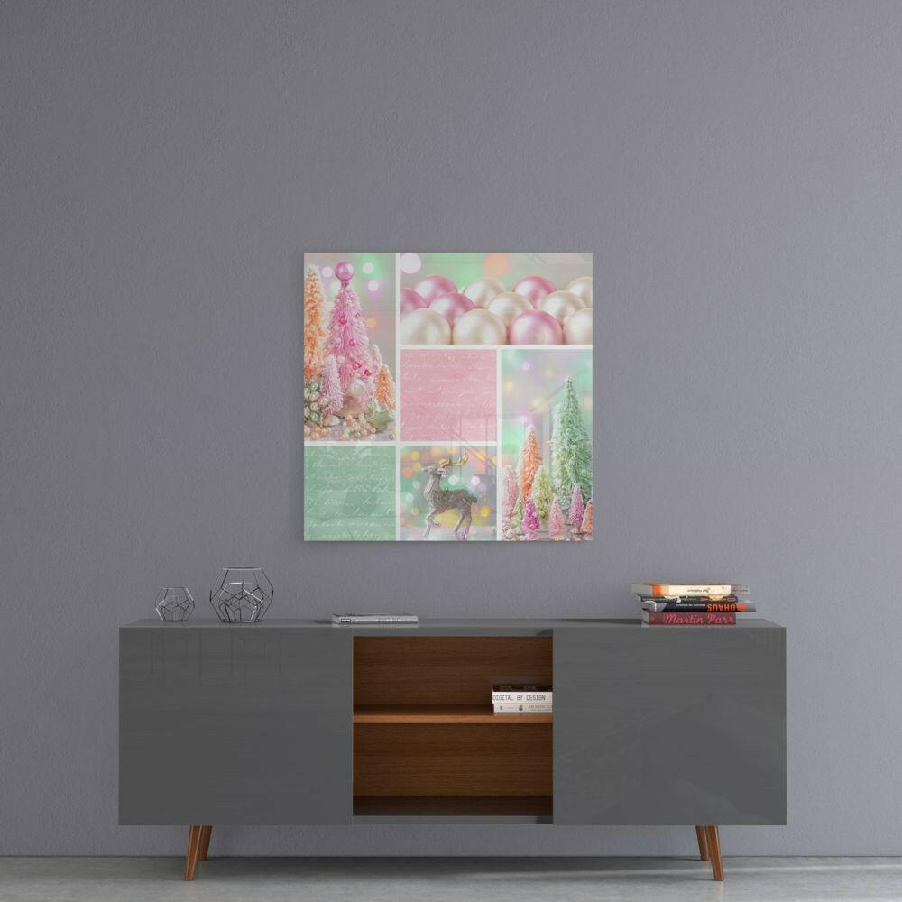 Christmas Glass Wall Art with pink and green festive designs displayed above a mid-century modern console table.