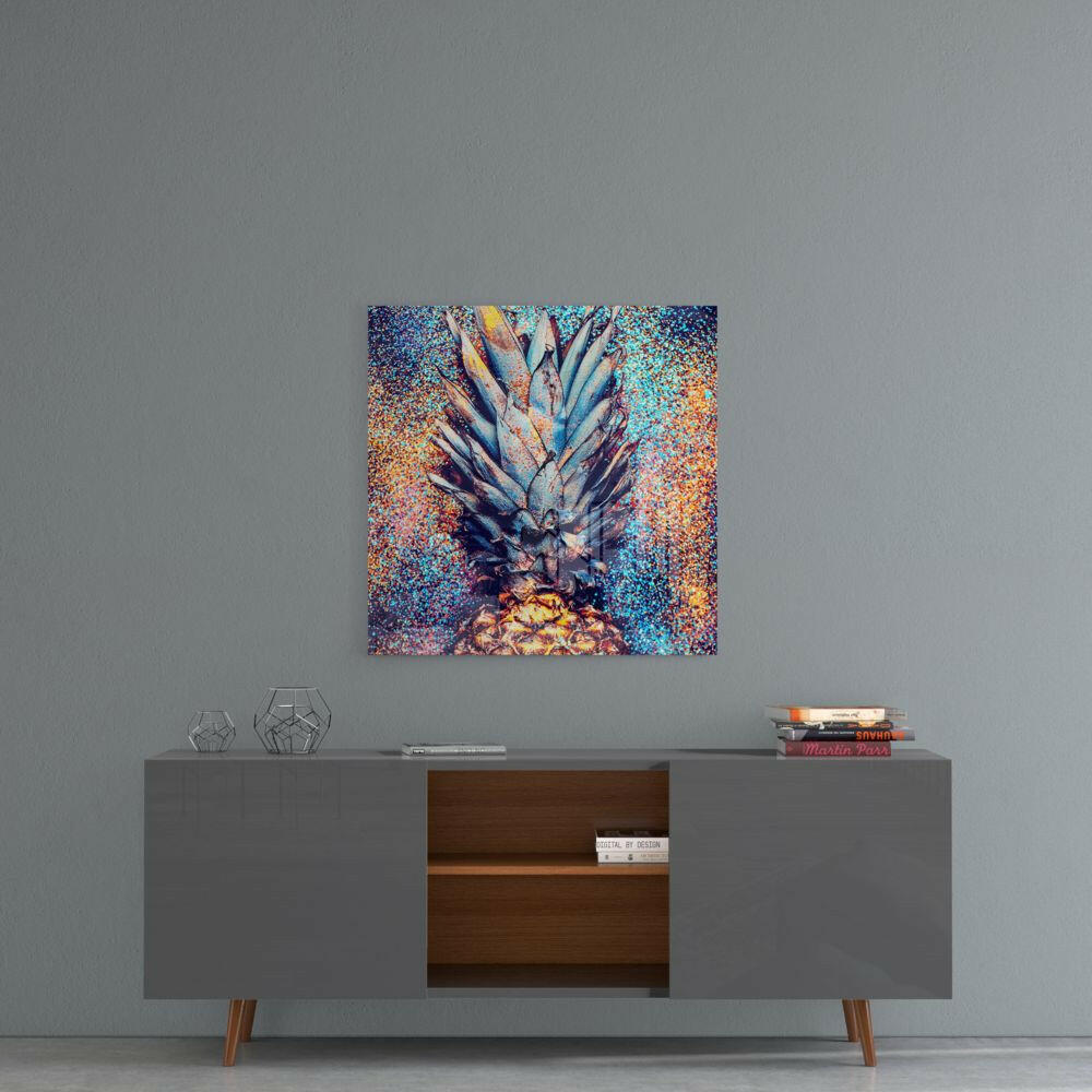 Glitter Splash Metallic Blue Pineapple Glass Wall Art