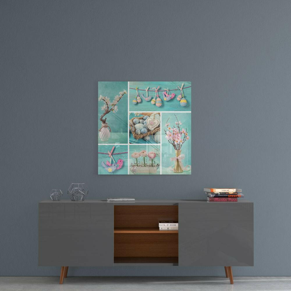 Sweet Baby Glass Wall Art displayed above gray mid-century modern dresser with turquoise and pink coastal-themed nine-panel composition.