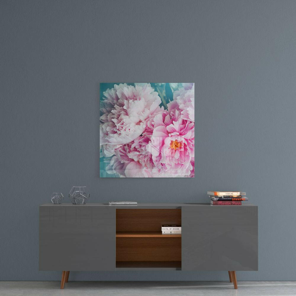 Blush Peony Teal Glass Wall Art