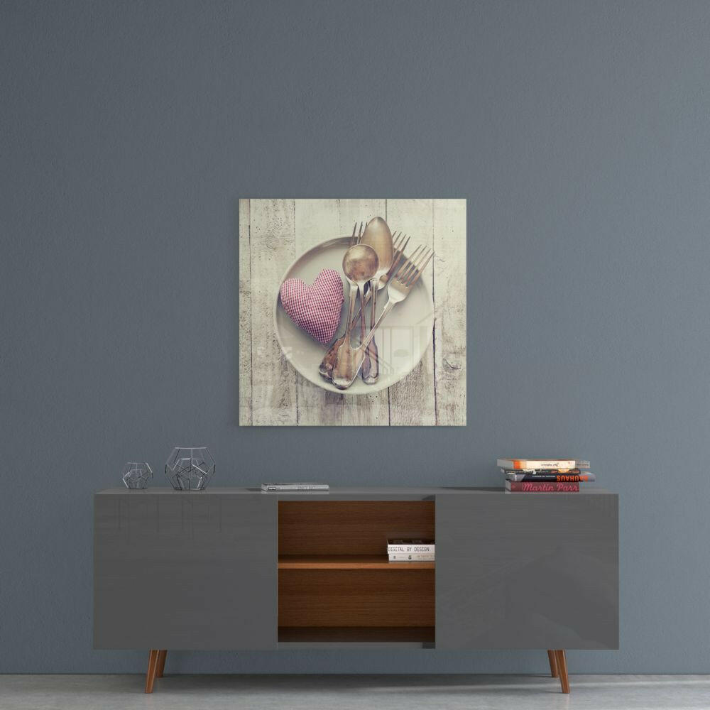 Gingham Heart And Silver Cutlery Glass Wall Art